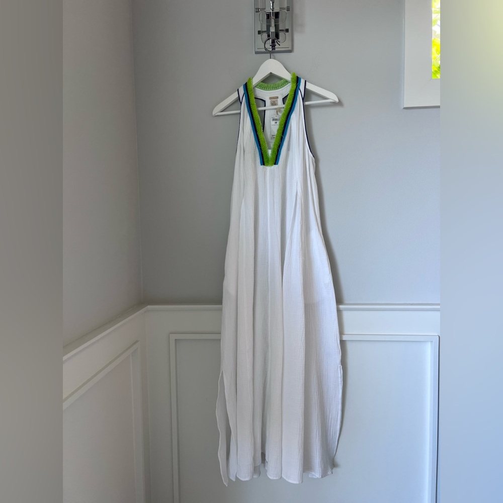 White Maxi Dress with Green and Blue Trim Magaschoni size M
